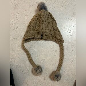 RUDSAK Tan Knit Hat with rabbit fur Pom Poms